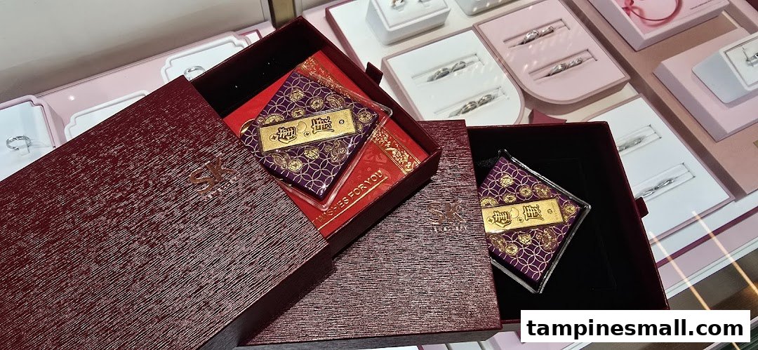 A gold bar in a decorative box with other jewelry displays in the background at SK Jewellery.