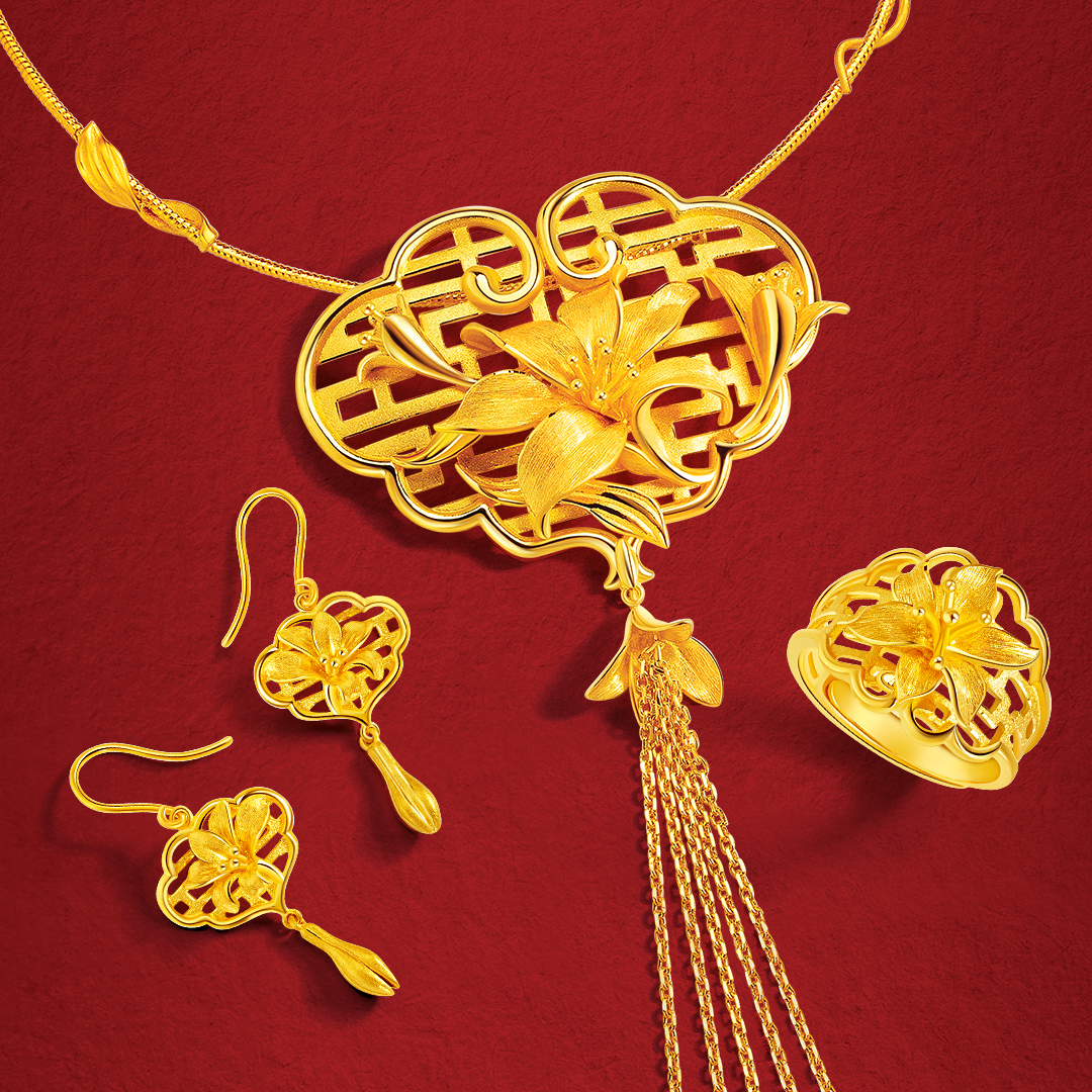 A stunning gold jewelry set featuring a necklace, earrings, and ring with intricate floral and traditional Chinese designs.