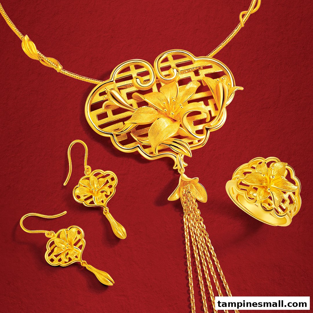A stunning gold jewelry set featuring a necklace, earrings, and ring with intricate floral and traditional Chinese designs.