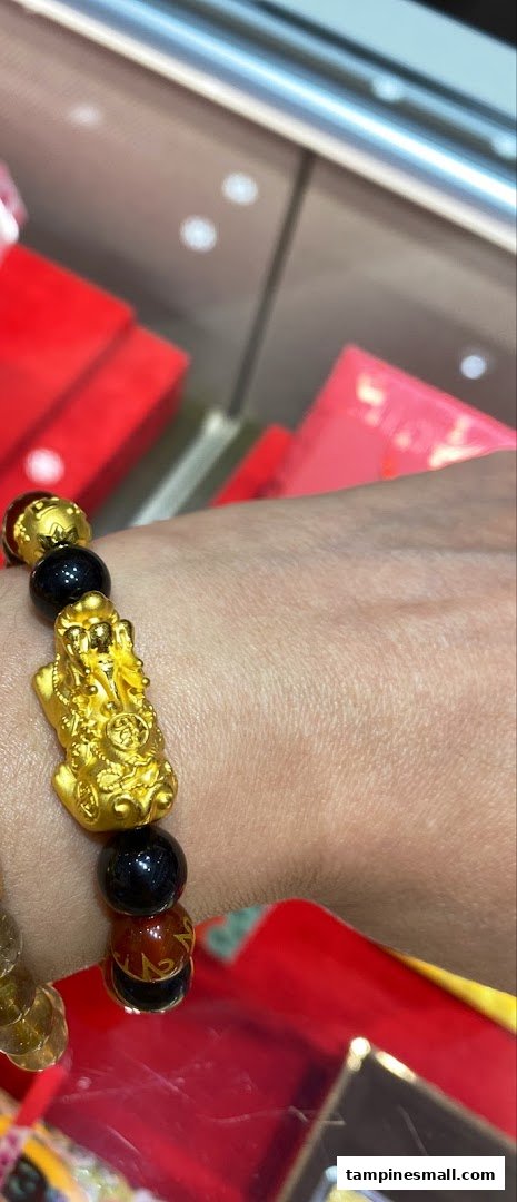 A person's wrist adorned with a gold Pixiu charm bracelet featuring black and brown beads.