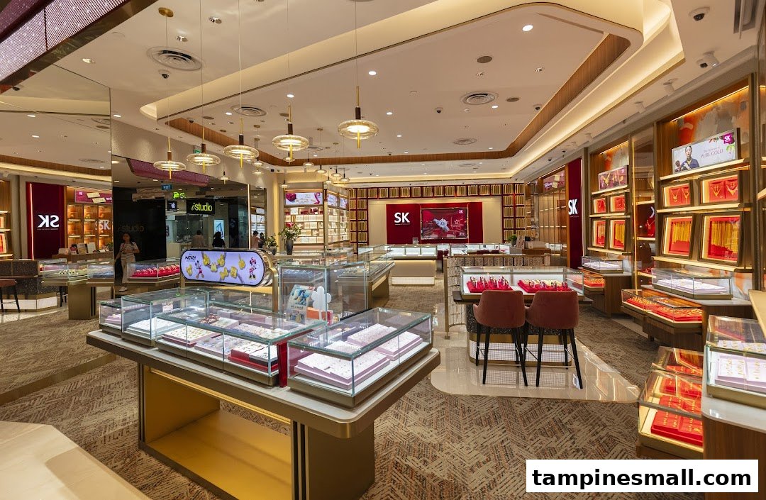 A brightly lit interior of SK Jewellery, showcasing numerous display cases filled with exquisite jewelry.
