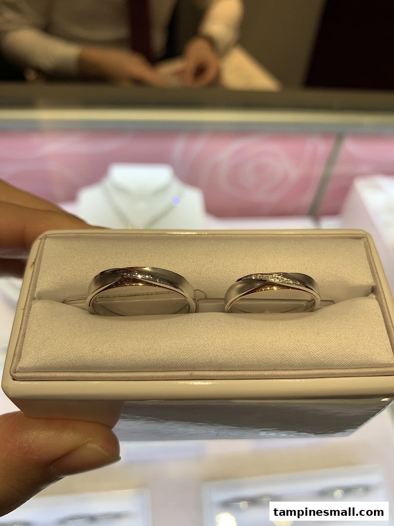 Close-up of two elegant wedding bands displayed in a jewellery store.