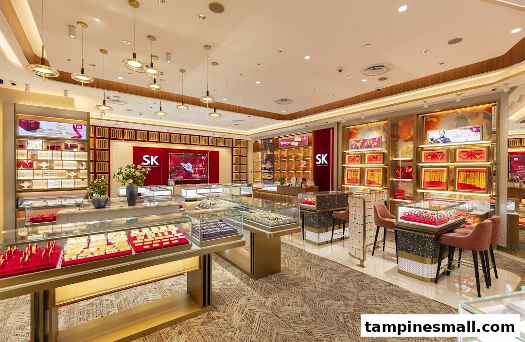 Interior view of SK Jewellery shop with display cases showcasing gold and precious jewellery.