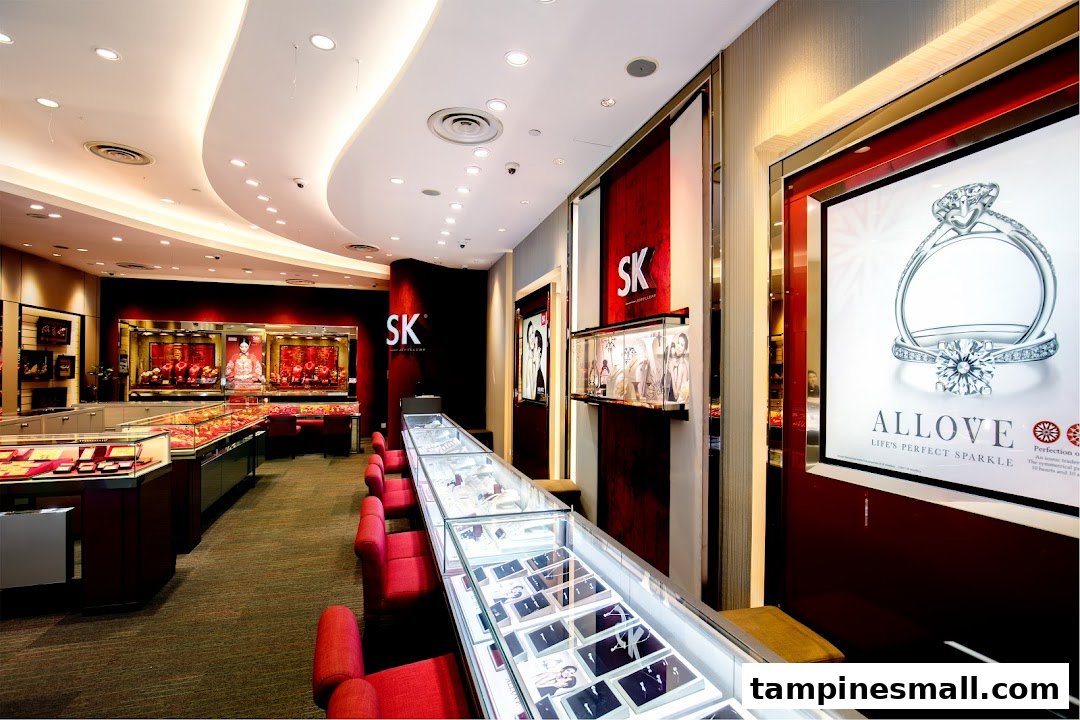 Interior view of SK Jewellery shop featuring display cases, red seating, and a large diamond ring advertisement.