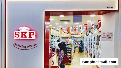 The brightly lit entrance of SKP, a retail shop offering party supplies and stationery, with customers inside.