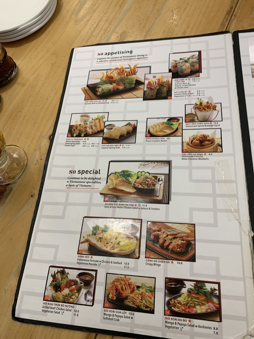 A close-up view of So Pho's Vietnamese menu, showcasing a variety of appetizers and specialties.