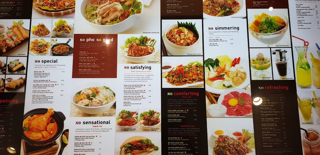 A comprehensive menu display from So Pho, showcasing a variety of Vietnamese dishes and beverages.