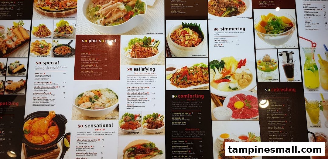 A comprehensive menu display from So Pho, showcasing a variety of Vietnamese dishes and beverages.