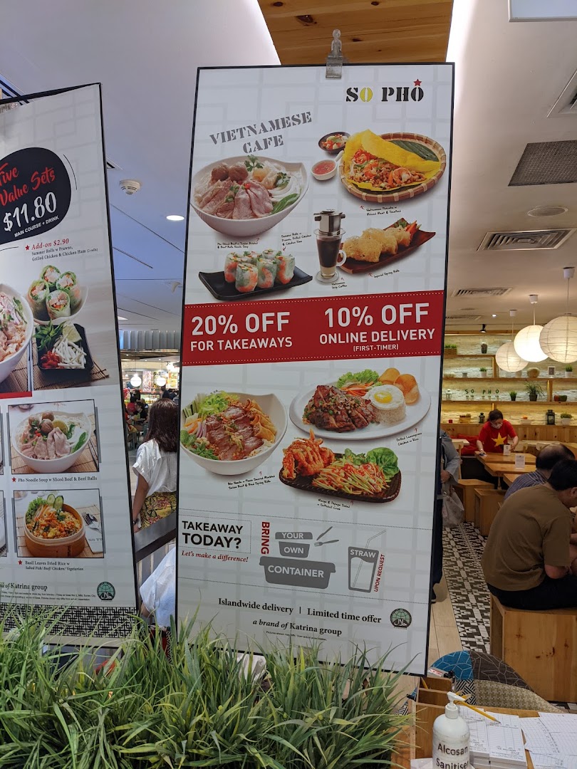 Promotional banners for So Pho, featuring Vietnamese dishes, value sets, and takeaway/delivery offers.