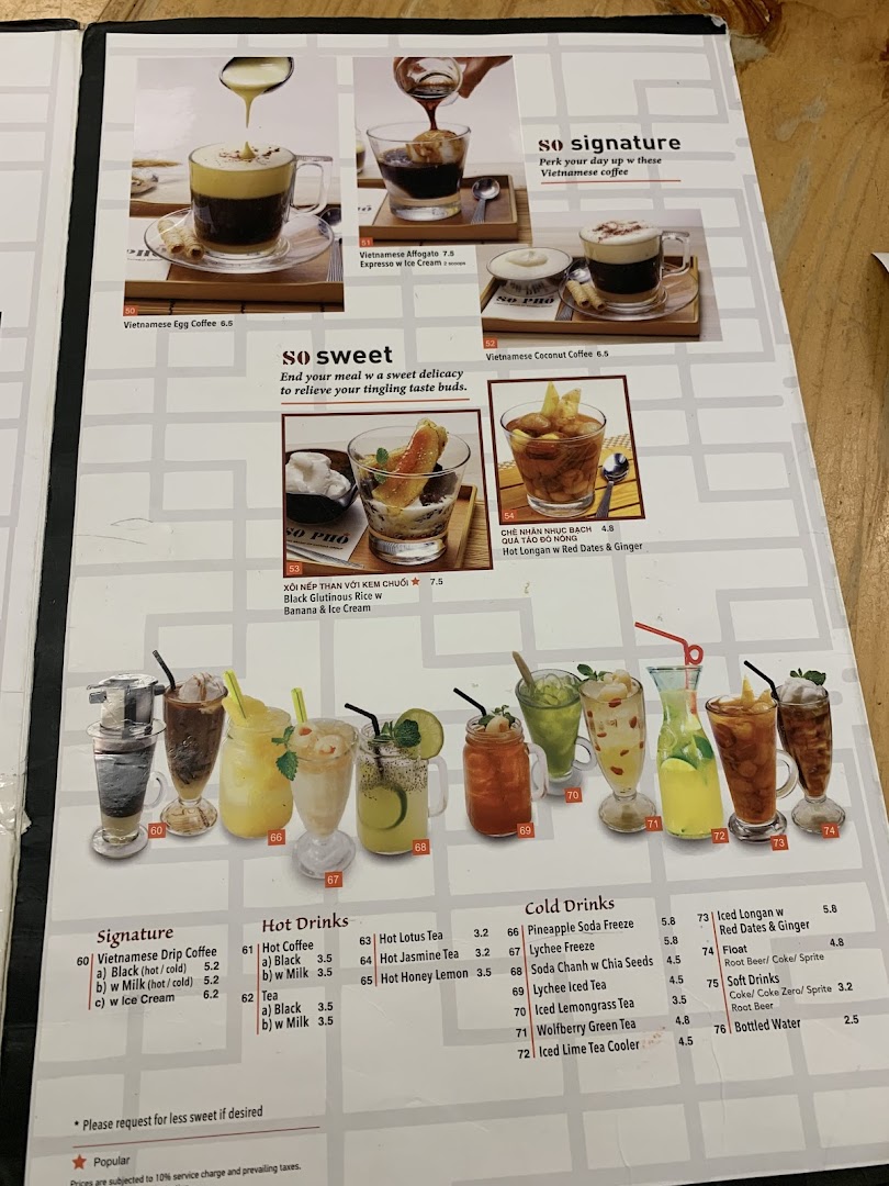 A menu page showcasing Vietnamese coffee, hot drinks, cold drinks, and desserts with prices.