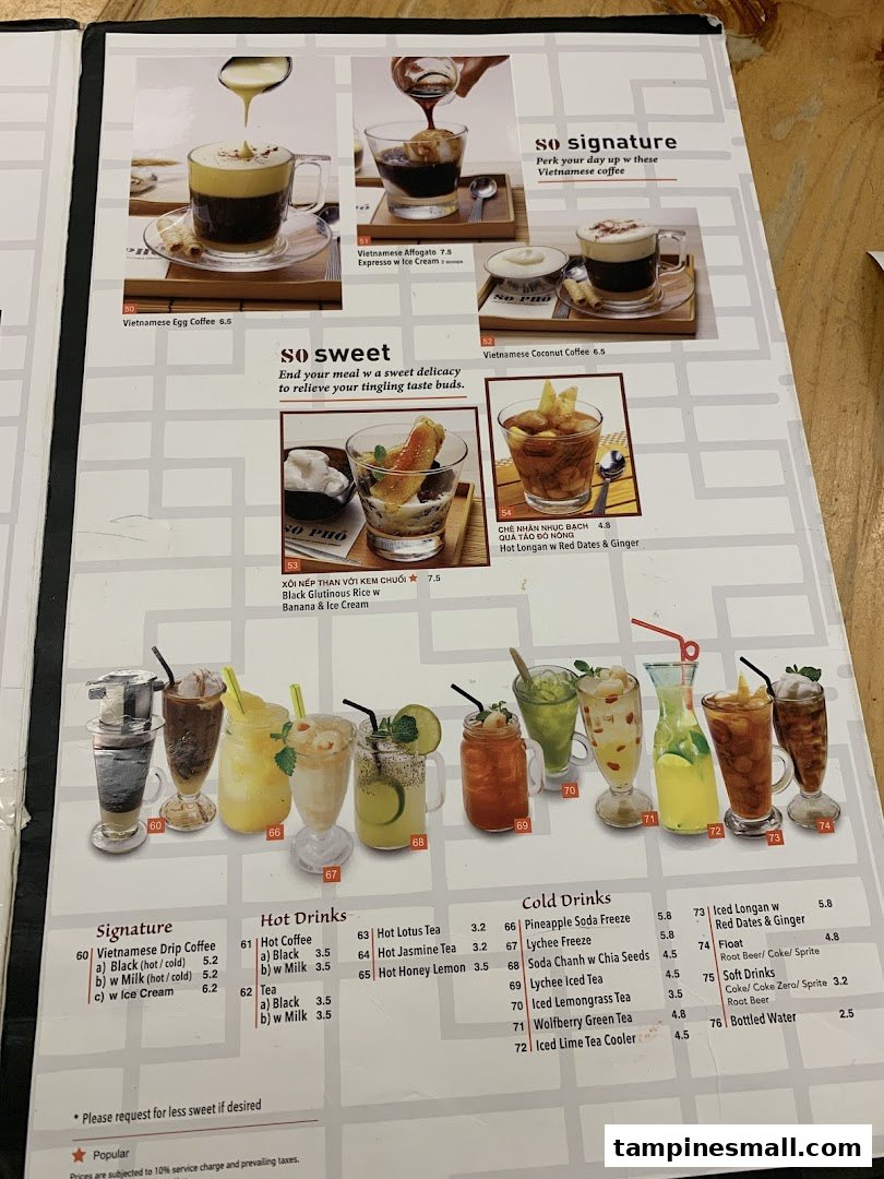 A menu page showcasing Vietnamese coffee, hot drinks, cold drinks, and desserts with prices.