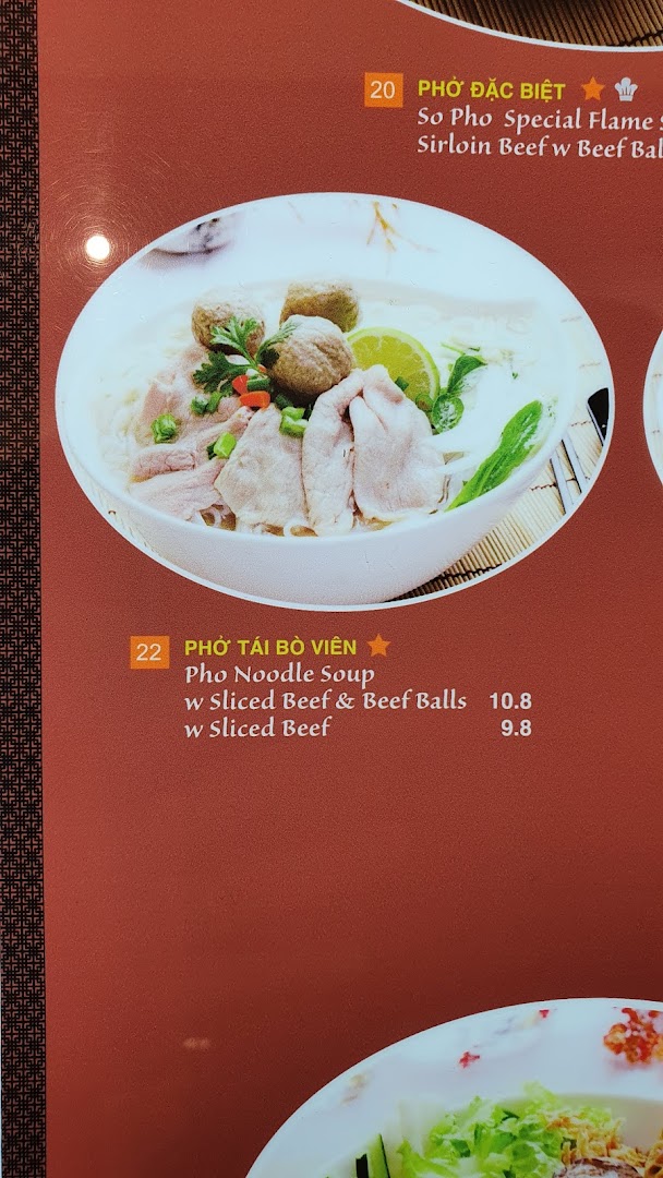 A close-up of a menu displaying two Pho noodle soup options with prices and descriptions.