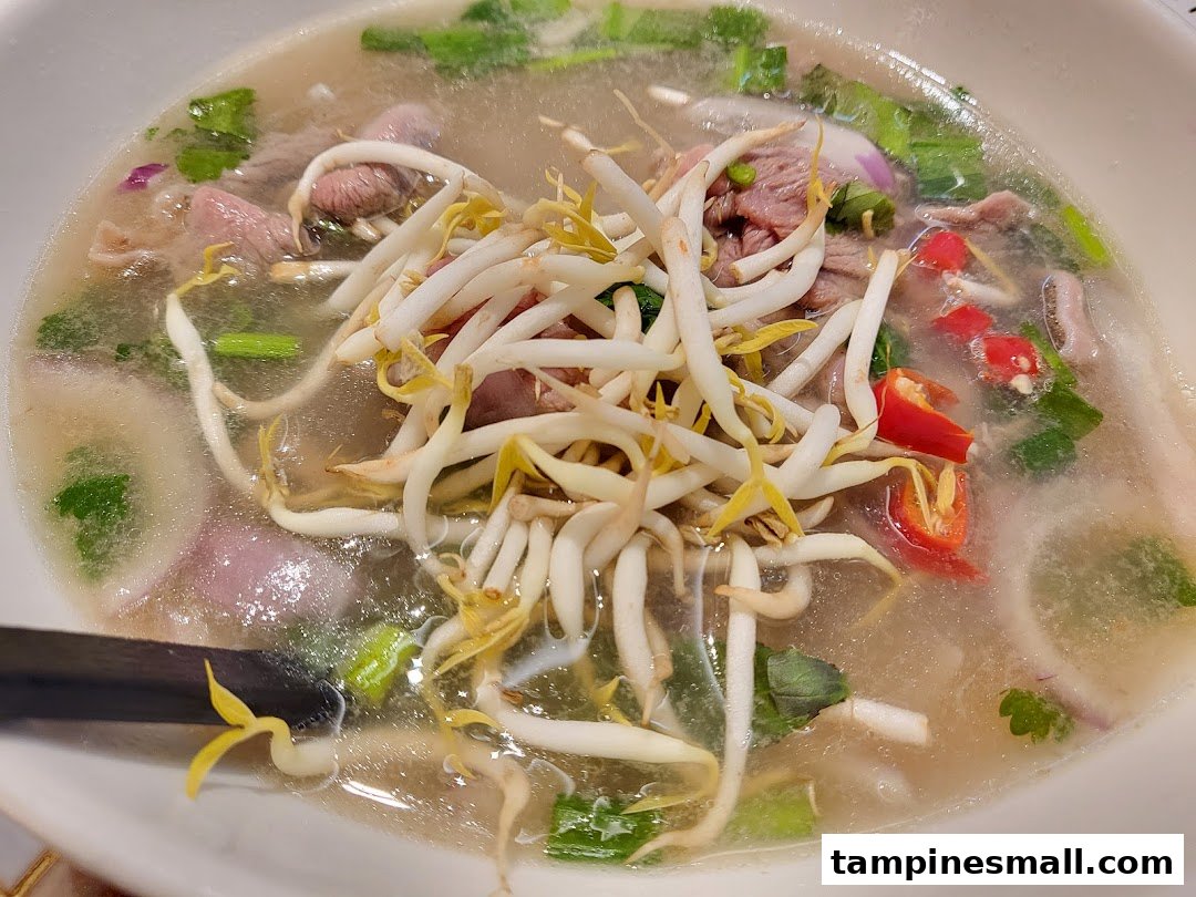 A close-up of a delicious bowl of Vietnamese pho with beef, bean sprouts, and chili.