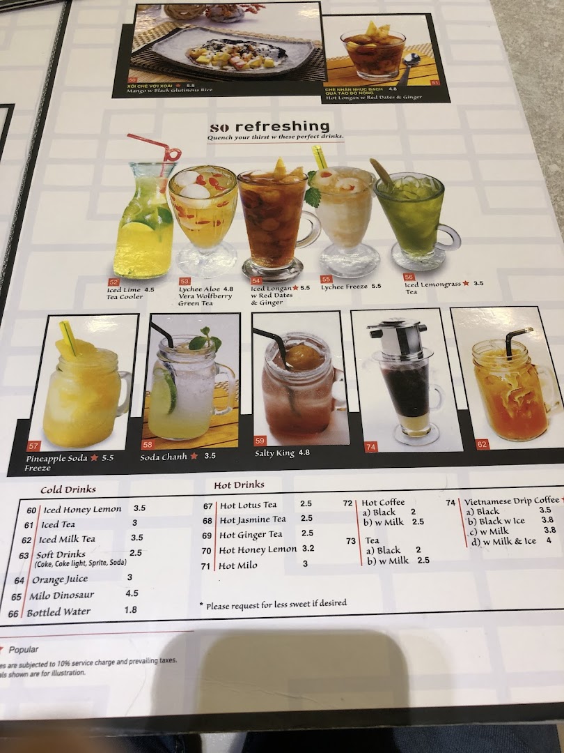 A menu page showcasing a variety of refreshing drinks and a few dessert options.
