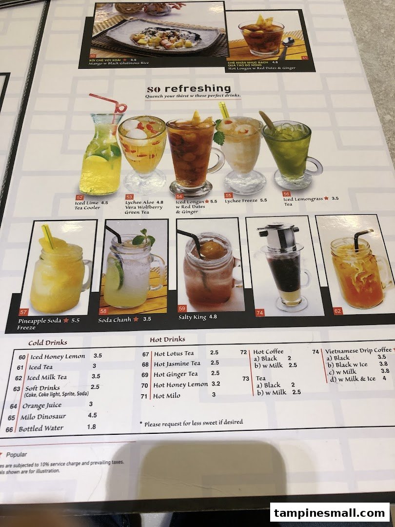 A menu page showcasing a variety of refreshing drinks and a few dessert options.
