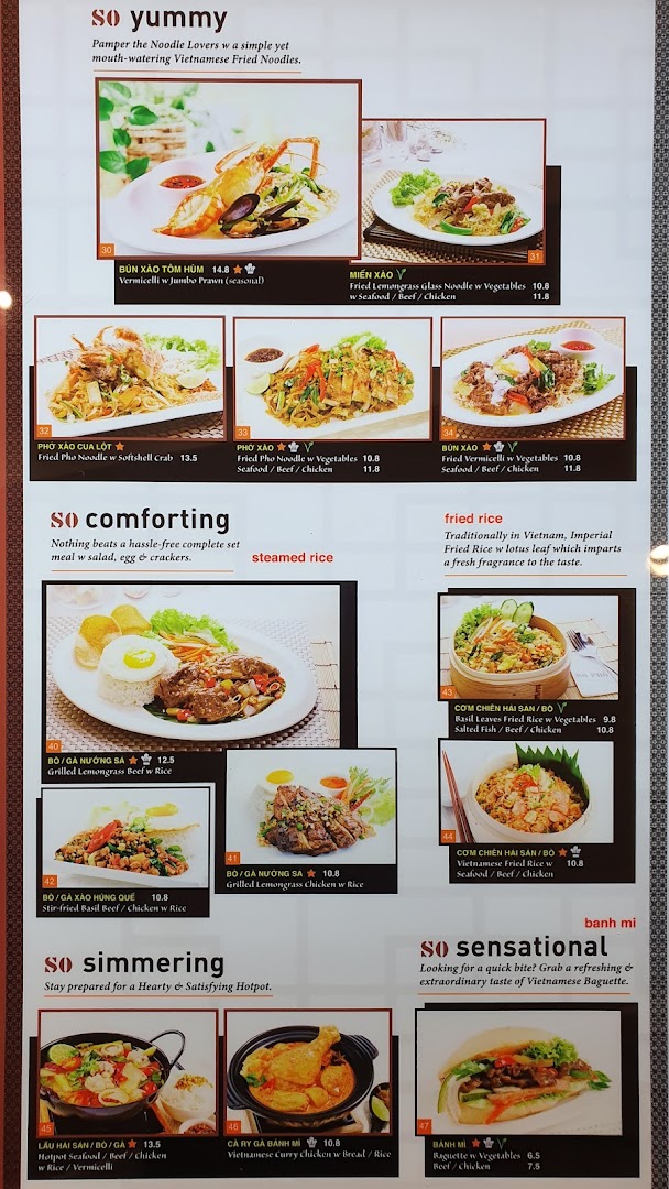 A detailed menu from So Pho featuring various Vietnamese noodle dishes, rice sets, hotpots, and banh mi.