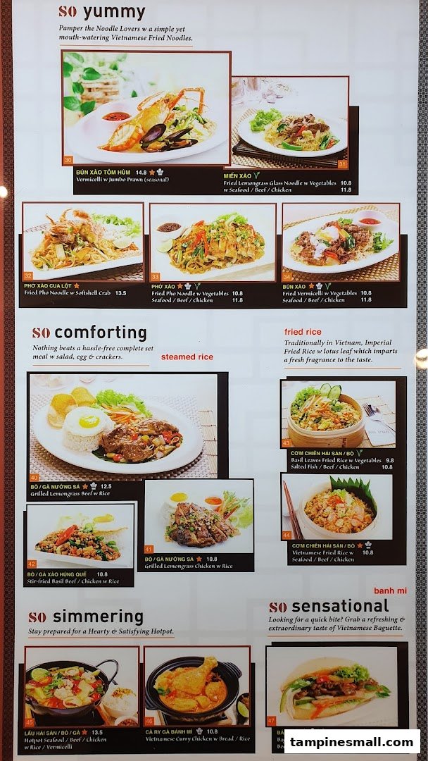 A detailed menu from So Pho featuring various Vietnamese noodle dishes, rice sets, hotpots, and banh mi.
