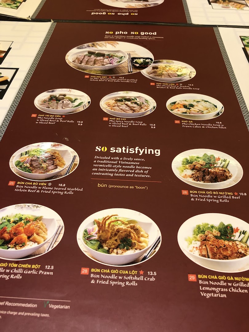 A detailed view of So Pho's menu, showcasing various Vietnamese noodle dishes.
