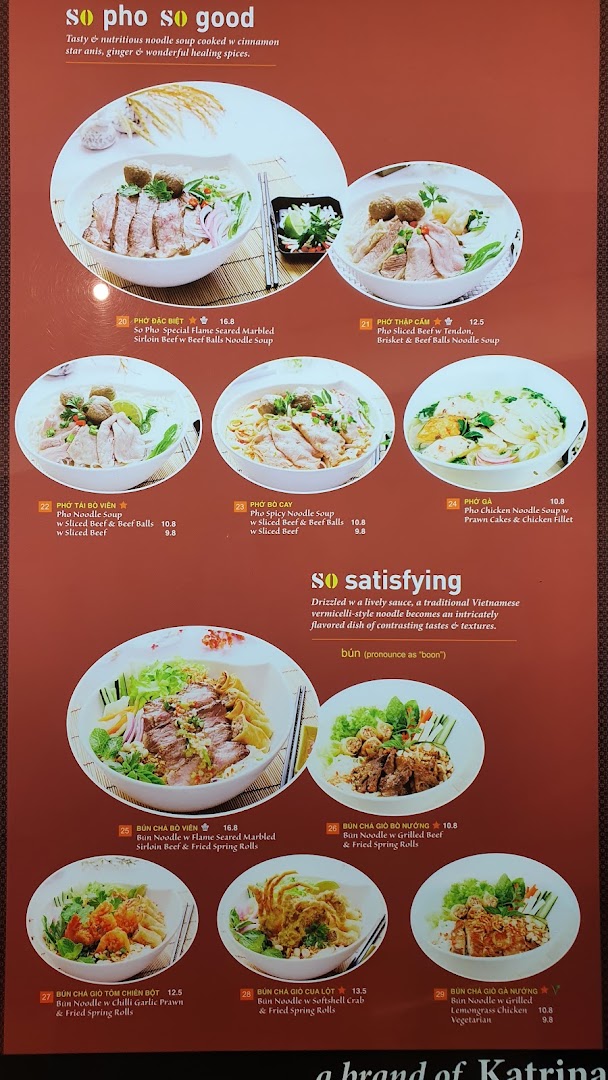 A vibrant menu showcasing various Vietnamese pho and bún noodle dishes with enticing descriptions.