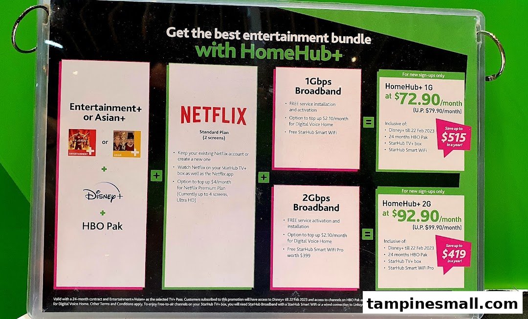 A display board showcasing StarHub's HomeHub+ entertainment and broadband bundles with detailed pricing and inclusions.