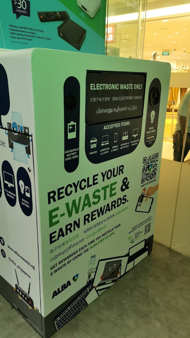 An e-waste recycling bin at StarHub Tampines Mall, encouraging visitors to recycle electronics for rewards.