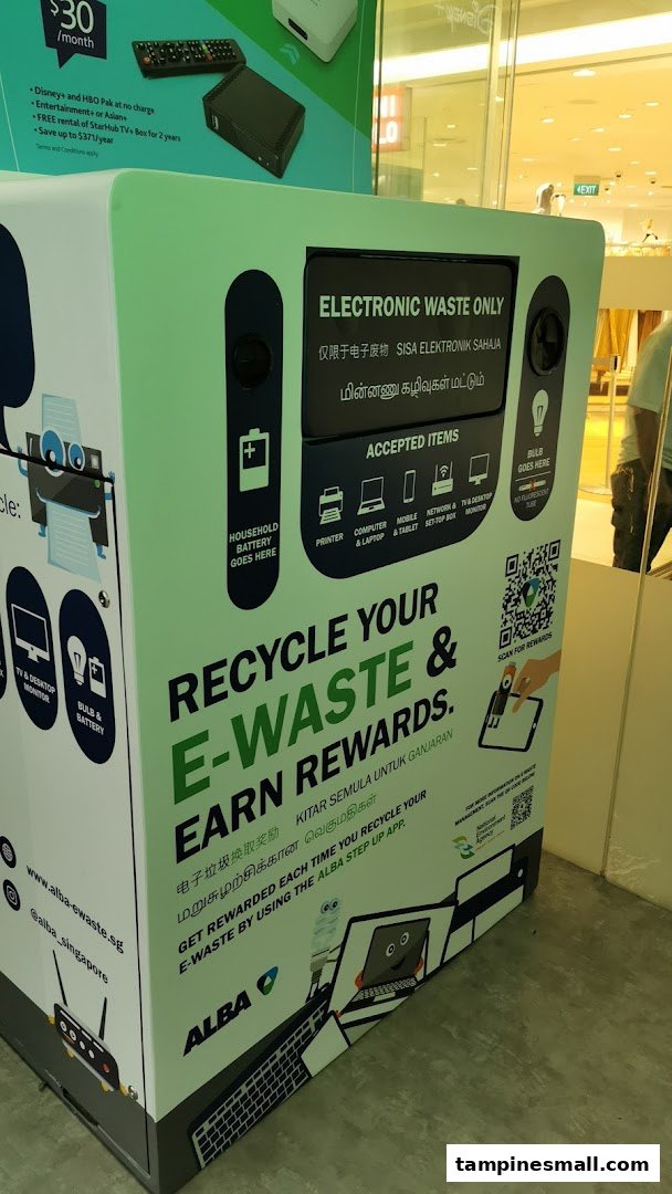 An e-waste recycling bin at StarHub Tampines Mall, encouraging visitors to recycle electronics for rewards.
