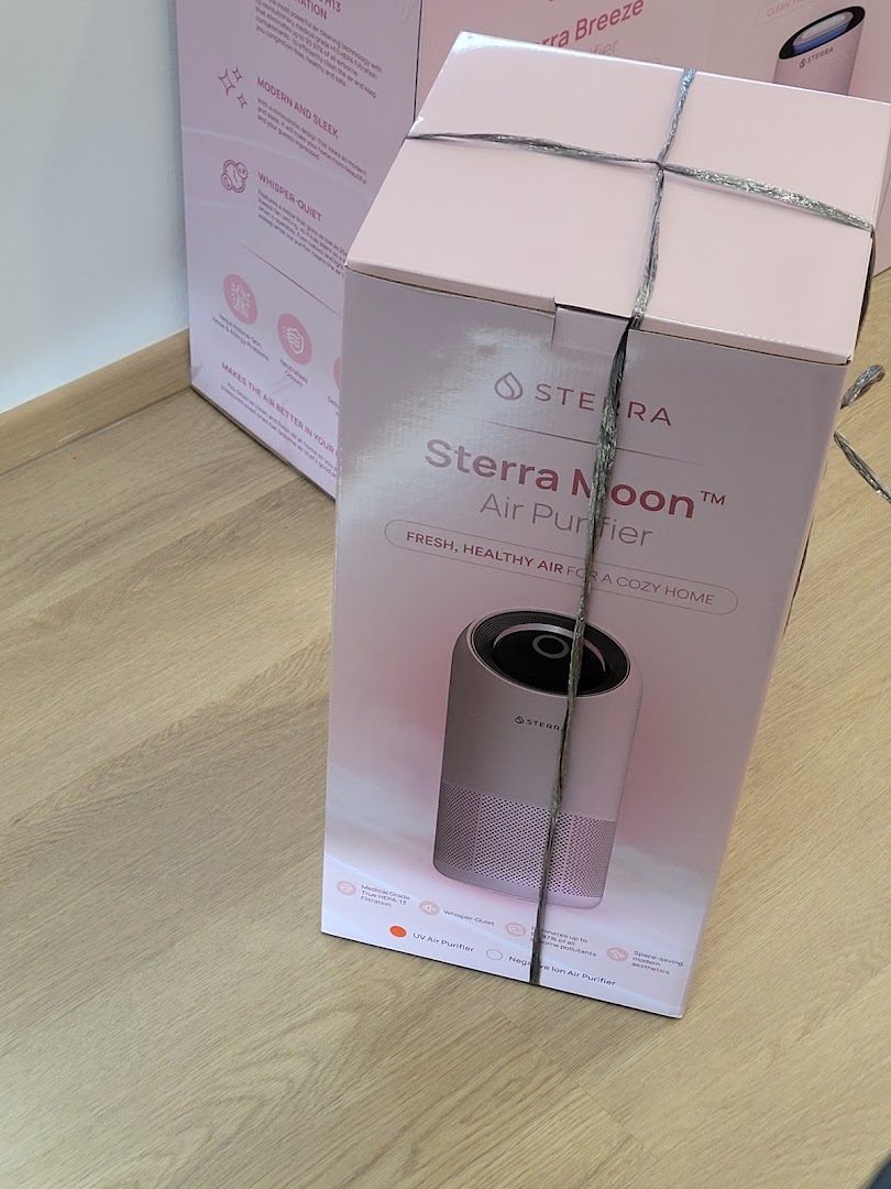 A Sterra Moon Air Purifier box, showcasing its features and sleek design.