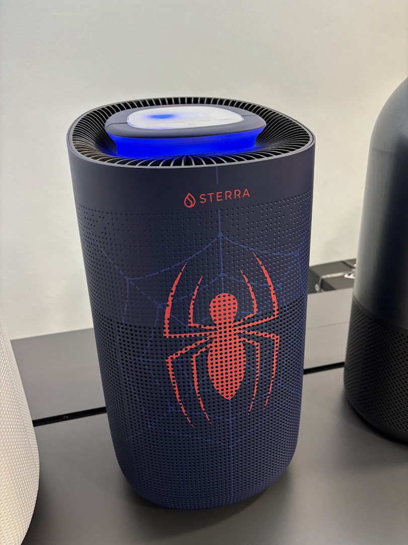 A Sterra product, likely an air purifier or mosquito trap, featuring a Spider-Man design.