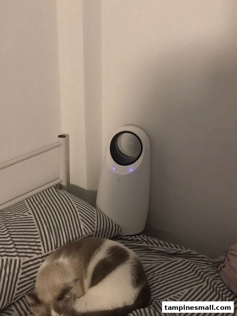 A white air purifier stands beside a bed with a sleeping cat.