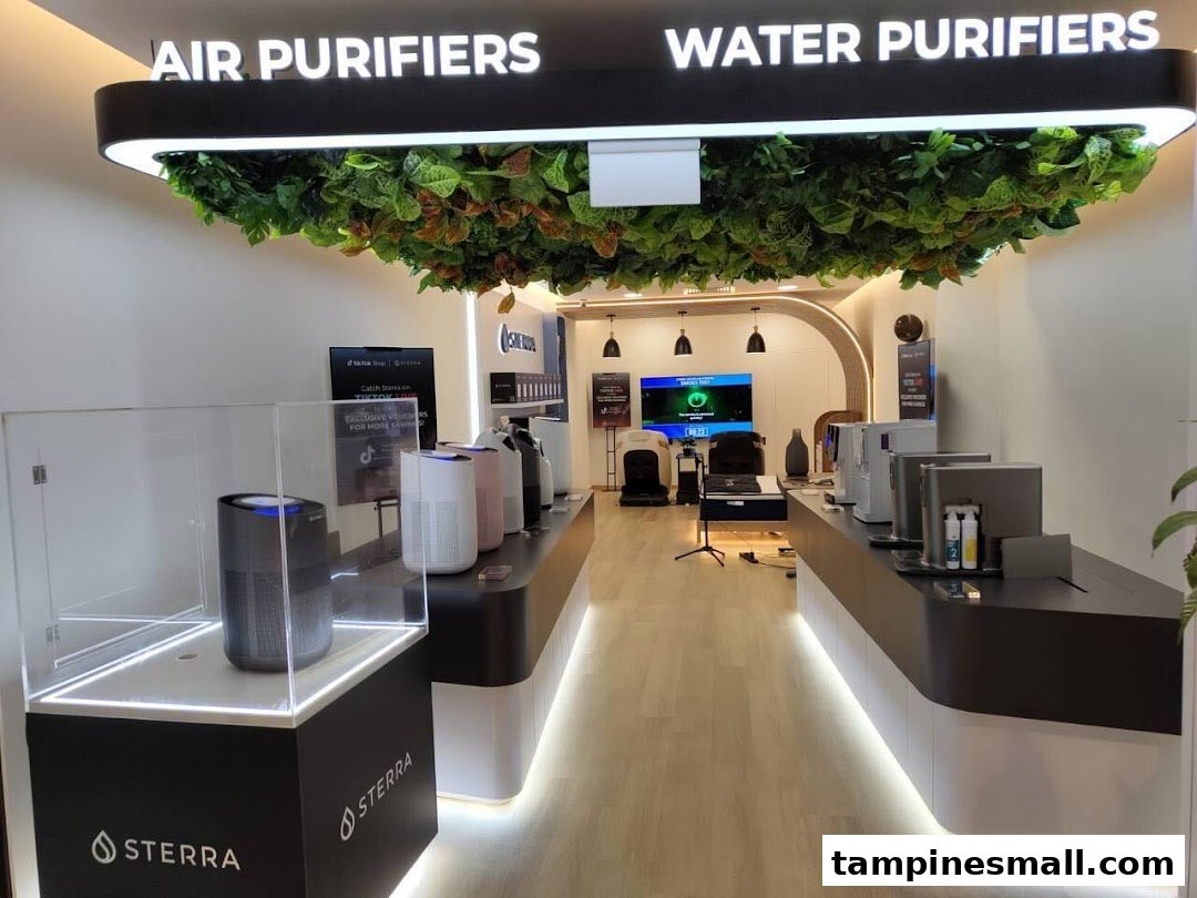 Interior view of Sterra Singapore, showcasing air and water purifiers in a modern display.