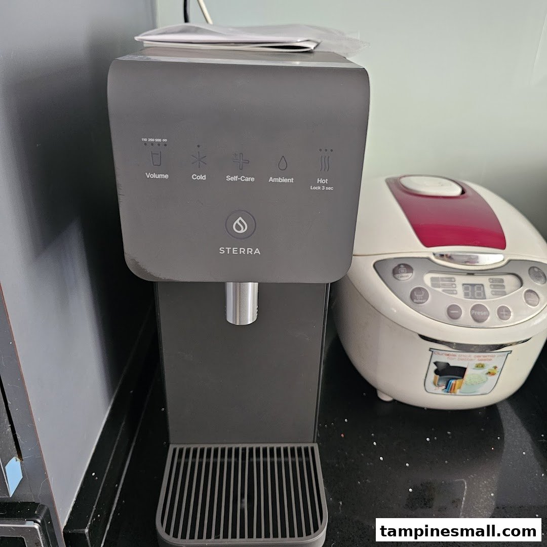 A Sterra water dispenser with a rice cooker on a kitchen counter, showcasing home appliances.