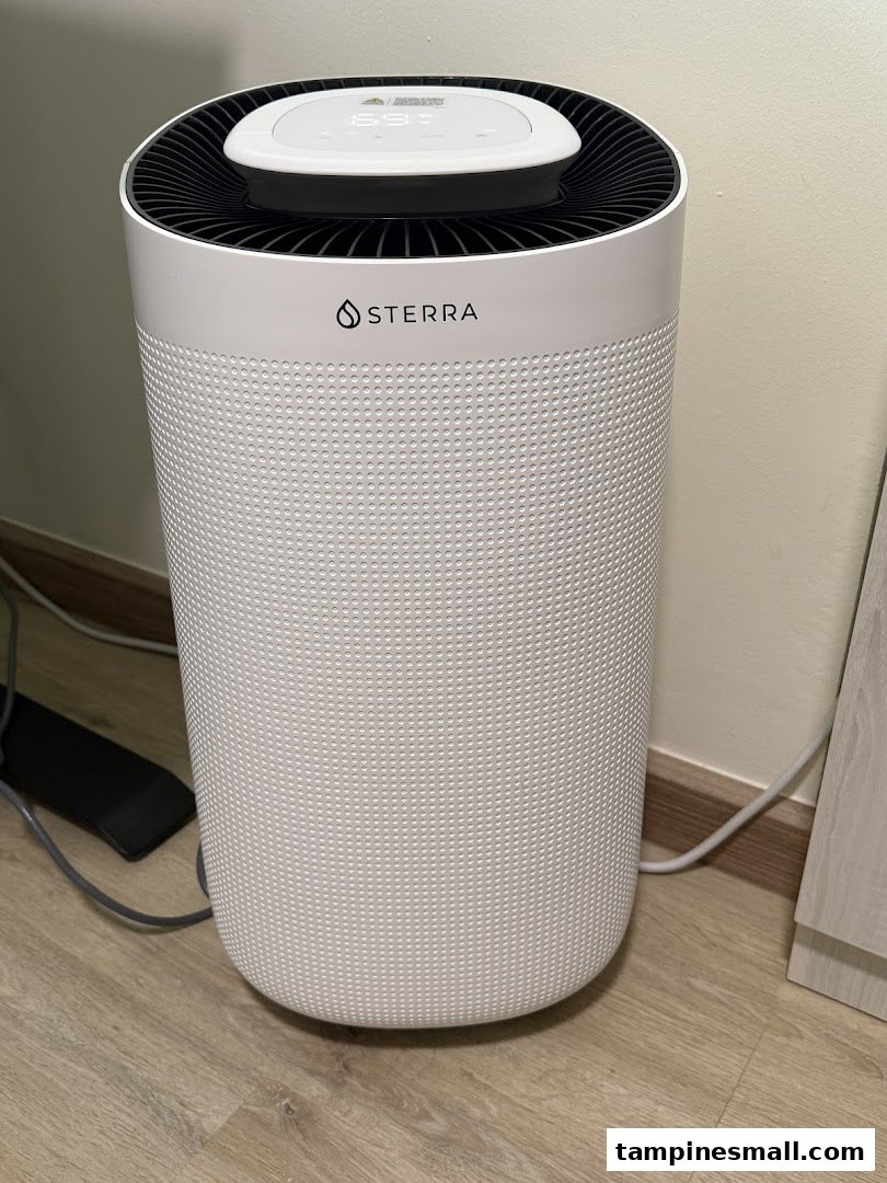 A white Sterra air purifier or humidifier stands on a wooden floor.