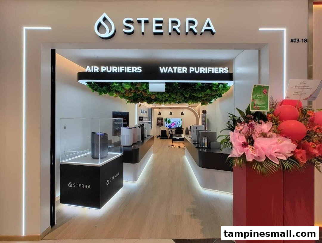 The Sterra Singapore shop entrance showcasing air and water purifiers with lush green decor.