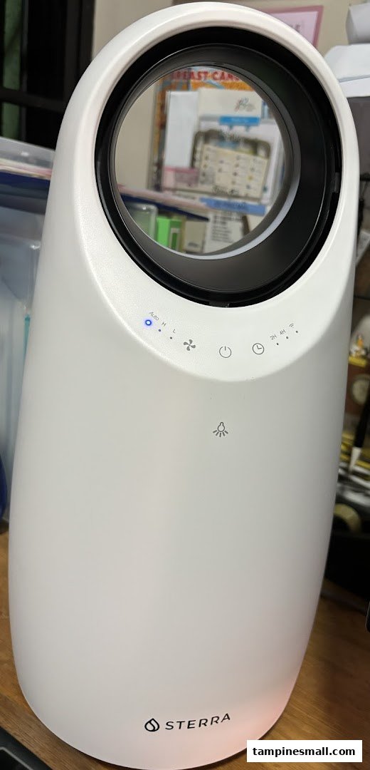 A white Sterra air purifier/humidifier with control panel and logo visible.