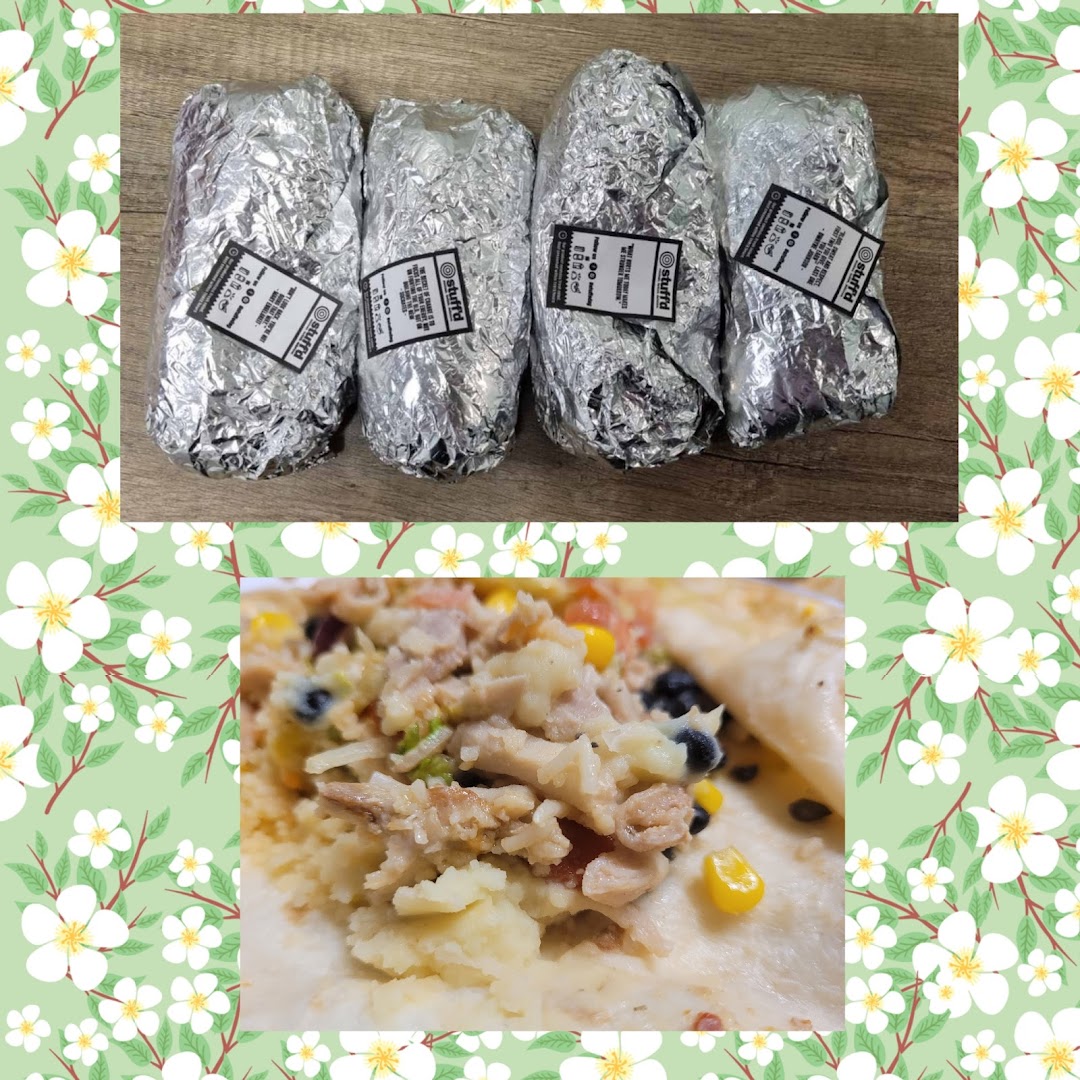 Four foil-wrapped Stuffd burritos/wraps with a close-up of their delicious, hearty filling.