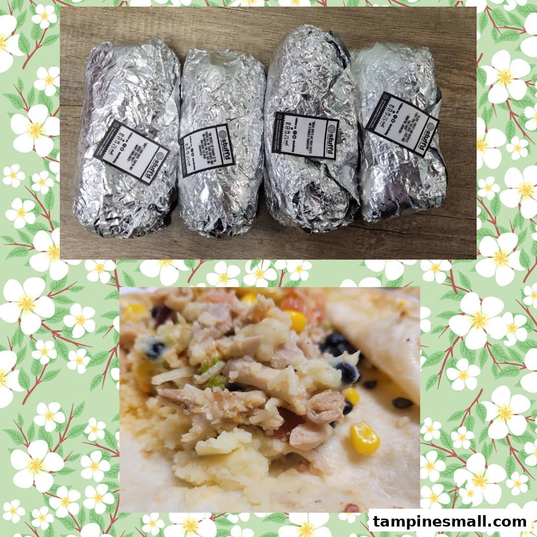 Four foil-wrapped Stuffd burritos/wraps with a close-up of their delicious, hearty filling.