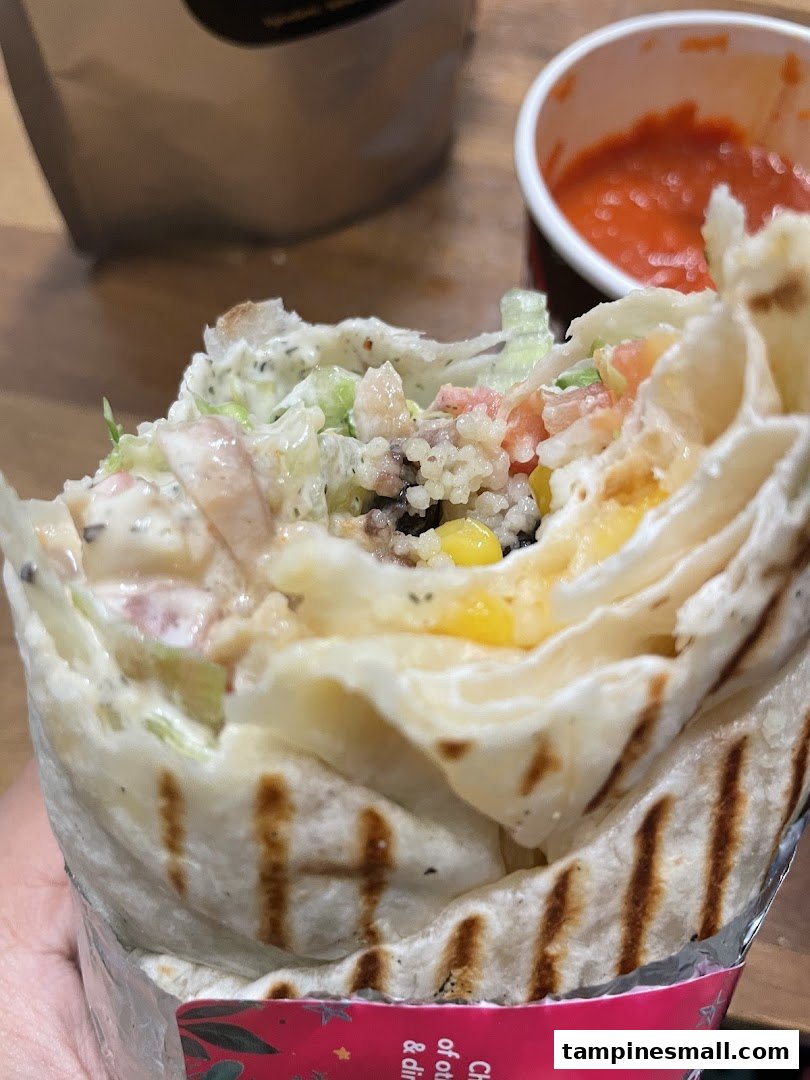 A close-up of a delicious, freshly made wrap filled with various ingredients, served with a side of red sauce.