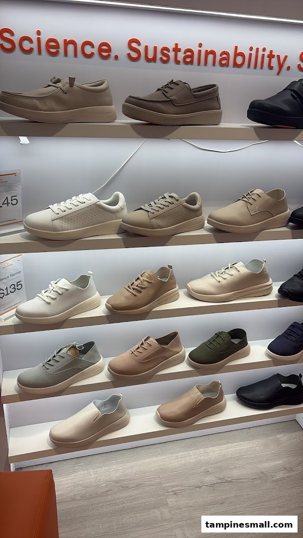 A bright display of various comfortable and stylish shoes in neutral tones at Sunnystep.