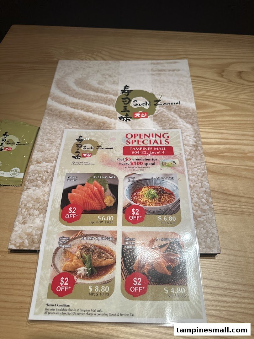 A promotional flyer and menu for Sushi Zanmai, showcasing opening specials and discounts on various sushi and Japanese dishes.