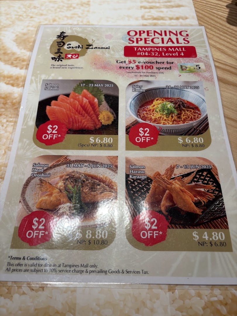 A menu displaying Sushi Zanmai's opening specials and promotional offers at Tampines Mall.