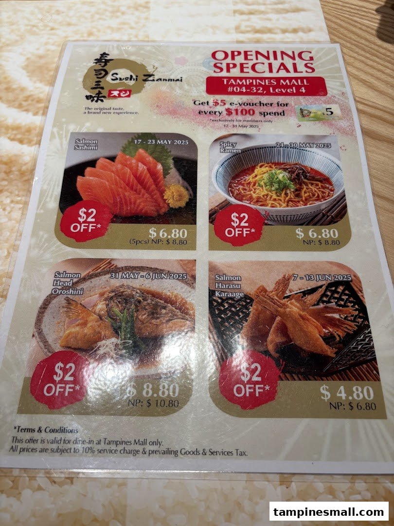 A menu displaying Sushi Zanmai's opening specials and promotional offers at Tampines Mall.