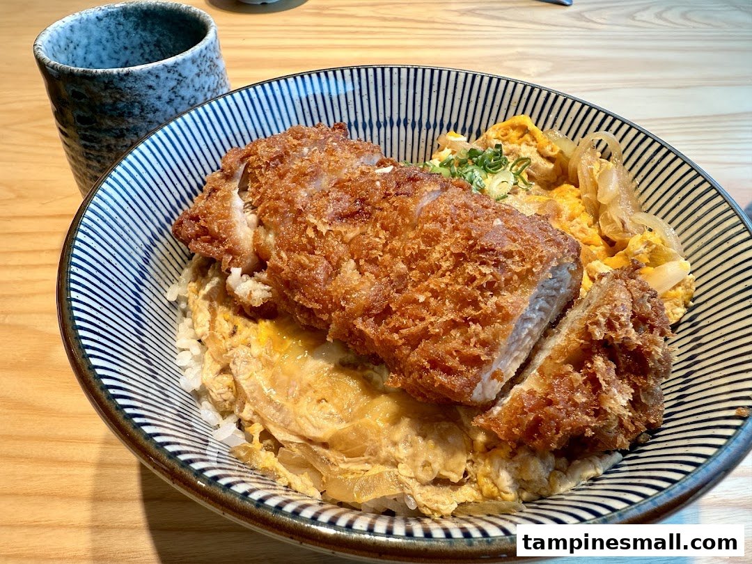 A delicious Katsu Don featuring crispy fried cutlet, egg, and onions served in a patterned bowl.