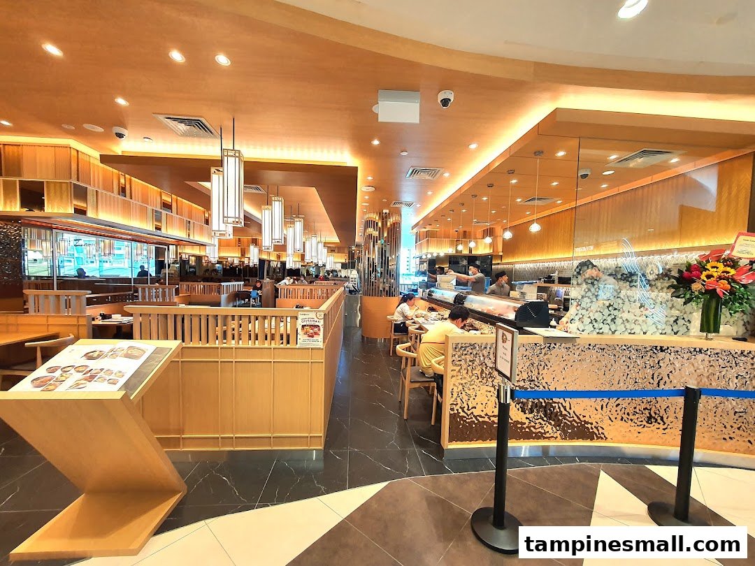 Spacious, modern interior of Sushi Zanmai featuring a sushi bar, dining tables, and staff.