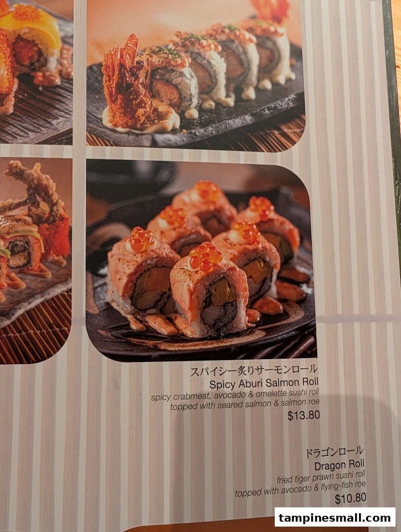 Close-up of a Sushi Zanmai menu page featuring delicious sushi rolls with descriptions and prices.