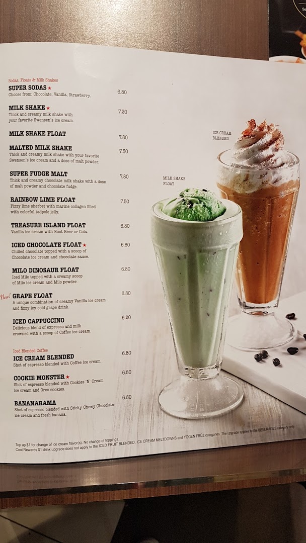A menu displaying various sodas, floats, and milkshakes with prices and descriptions.