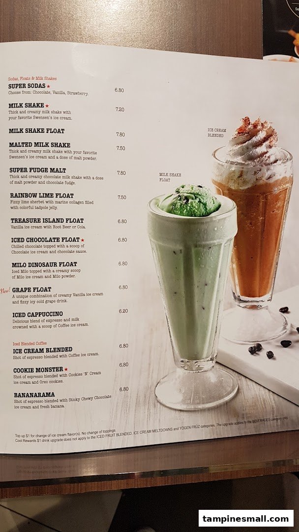 A menu displaying various sodas, floats, and milkshakes with prices and descriptions.