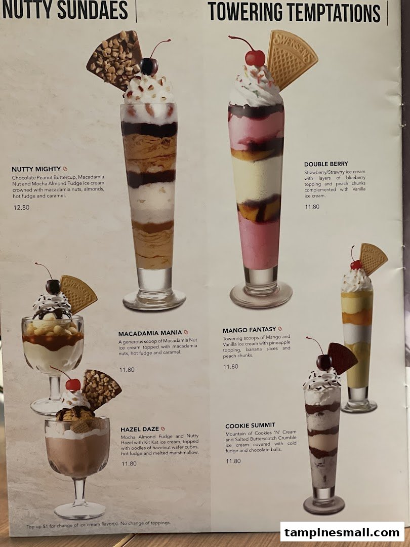 A menu page from Swensen's showcasing a variety of delicious sundaes and towering ice cream desserts.