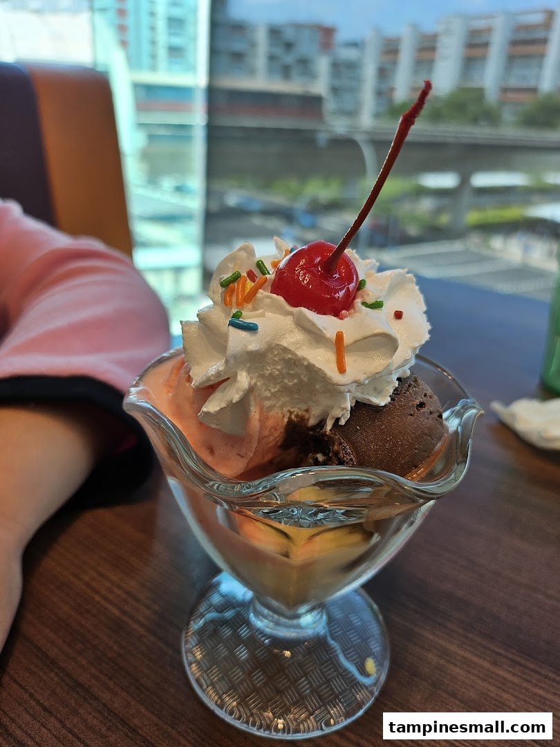 A delicious ice cream sundae with whipped cream, sprinkles, and a cherry, served at Swensen's.