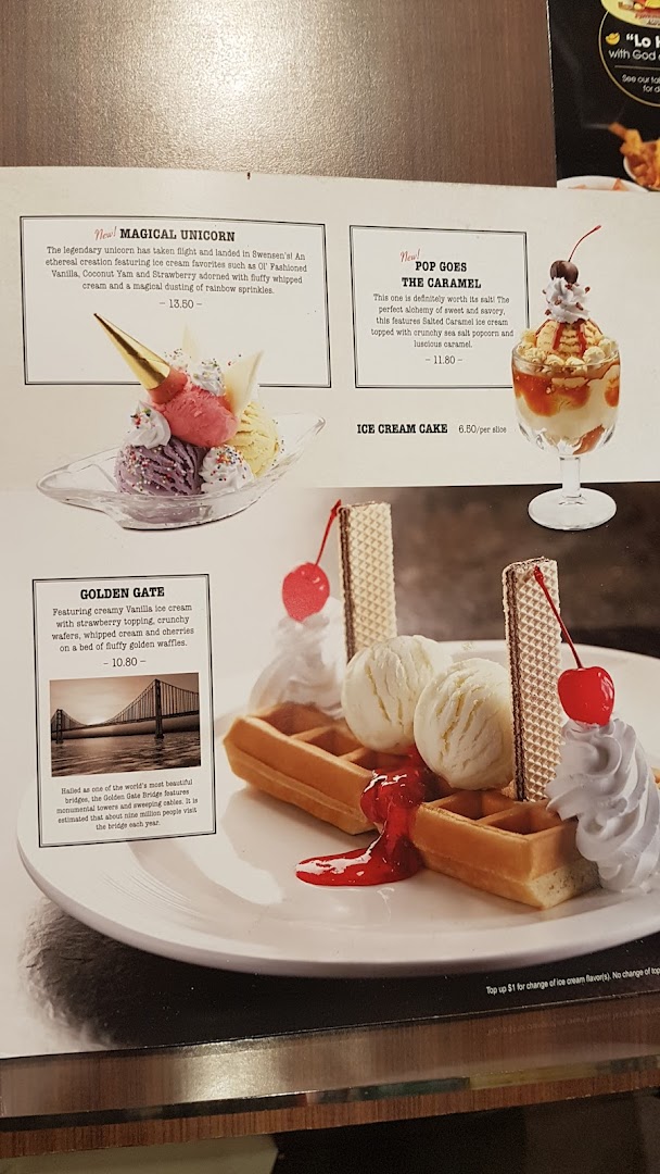 A close-up of Swensen's dessert menu, showcasing ice cream sundaes, waffles, and cakes.