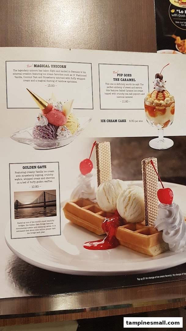 A close-up of Swensen's dessert menu, showcasing ice cream sundaes, waffles, and cakes.